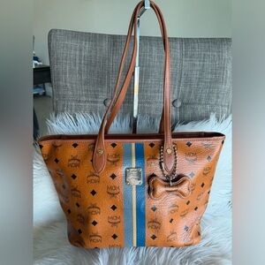 MCM Cognac and Blue Striped Tote